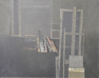 Sergio De Castro (Argentinian, b. 1922), L'atelier aux livres, oil on canvas, signed and titled on the reverse: Castro/L'atelier aux livres, 44 1/2" x