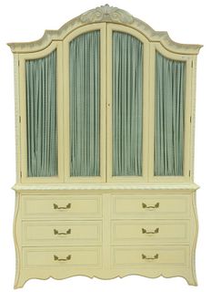 Armoire in White Paint with stencil decoration having twin fold-out doors, over side-by-side drawers, height 92 inches, width 62 inches.