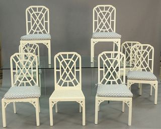 Eight George III Style 'Chinese Chippendale' White Painted Wood Caned Side Chairs, height 39 inches.