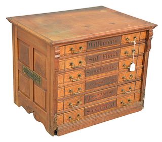 Six Drawer Willimantic Spool Cabinet, having original stenciling and handles, height 20 1/2 inches, top 19" x 26".