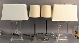 Two Pairs of Contemporary Table Lamps, to include a pair of glass and a pair of chrome, height 29 inches.