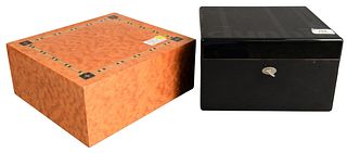 Two Cigar Humidors, black lacquered Dunhill, top 10" x 9" x 6"; along with a burlwood by Mastro de Paja, Italy.