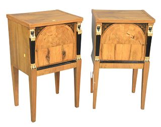 Pair of Biedermeier Inlaid Walnut and Ebonized Wood Bedside Cabinets, height 28 inches, width 16 1/4 inches, depth 13 3/4 inches.