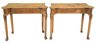 Pair of Queen Anne Style Oak Console Tables having turret corners, height 29 inches, top 16 1/2" x 36".