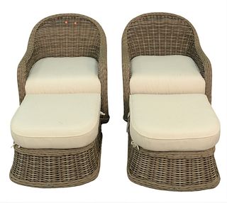 Gloster Pair of Woven Swivel Armchairs and Ottomans having upholstered cushions, height 34 inches, width 30 inches.