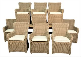 Kingsley Bate Set to include eight woven armchairs with cushions, Sag Harbor style, height 35 inches, width 26 inches.