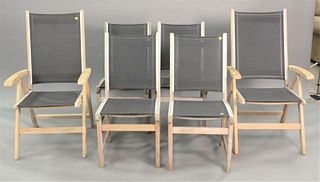 Six Kingsley Bate Teak Chairs with mesh seats and backs, to include two arm and six side.
