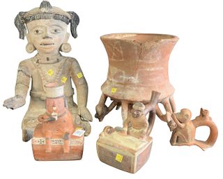Four Terracotta Items to include a Moche polychrome terracotta figural vessel of healing scene, height 7 inches; Veracruz polychrome seated priest fig