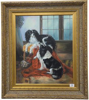 Portrait of Two Black and White Spaniels, acrylic on canvas, signed indistinctly lower right, 23 1/2" x 19 1/2".
