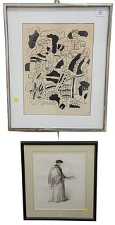 Seven Piece Group of Prints and Paintings, to include two lithographs after Ferdinand Leger; two geometric etchings, both signed indistinctly in penci