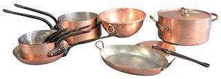 Thirteen Piece Lot of French Copper, to include nest of five graduating tournus pots plus one cover, fry pan, along with six piece lot of E. Dehilleri