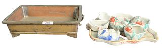 Group lot of Chinese to include a bronze rectangle censor, Famille Rose leaf dish and seven porcelain ink pots, bronze top 7" x 12". Provenance: From 