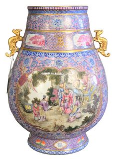 Chinese Famille Rose Vase, having several painted scenes and dragon form handles, stamped to the underside, height 14 1/2 inches.