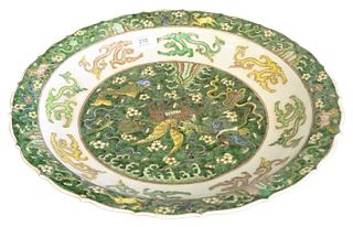 Chinese green and yellow Wucai Plate having hoofed dragon in the center and a scalloped edge, marked with six characters to the underside, diameter 18