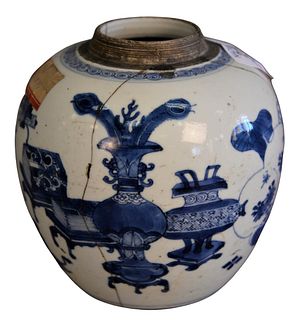 Chinese Ginger Jar having blue decoration, probably 18th century, height 5 1/2 inches, (broken and repaired). Provenance: From a Newport, Rhode Island