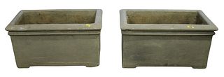 Pair of Large Rectangle Cast Cement Outdoor Planters, height 18 1/2 inches, length 33 1/2 inches, depth 18 inches.