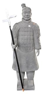Pair of Large Chinese Standing Warrior Figures grey painted life size terracotta statues, height 76 inches, width 26 inches.