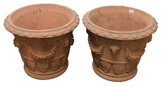 Pair of H.G.C. Red Cast Planters, height 20 inches, diameter 23 1/2 inches.