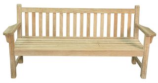 Teak Outdoor Bench, height 35 inches, length 75 inches.