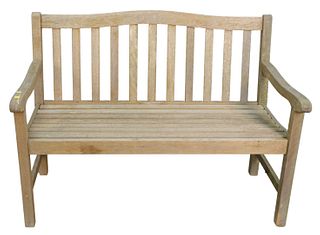 Teak Outdoor Bench, height 35 inches, width 48 inches.