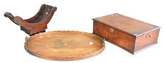Three Piece Wooden Lot to include cheese holder, oval tray, and lift top box, tray length 27 inches.
