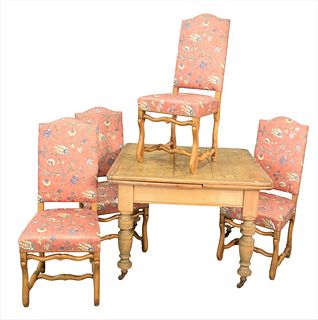 Five Piece Lot, to include an English square extendable table on turned legs, along with four continental style chairs, height 30 inches, top 41 1/2" 