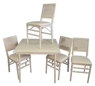 Stakmore Company Folding Card Table, along with four folding chairs, all with faux bamboo, height 29 inches, top 34 1/2" x 34 1/2".
