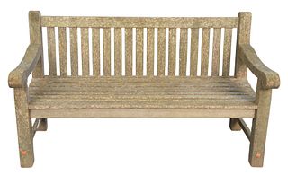 Outdoor Classics Teak Bench, height 34 1/2 inches, length 60 inches.