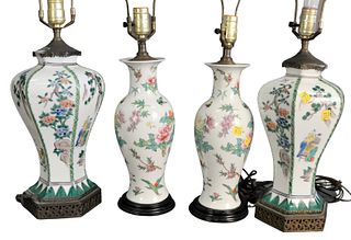 Two Pairs of Chinese Porcelain Lamps to include Chinese Export style in baluster form along with a hexagon famille verte, overall height 27 inches.