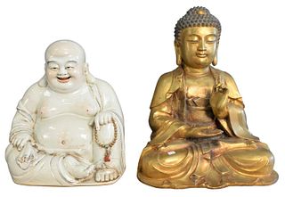 Two piece lot to include a gilt bronze Buddha figure, height 19 inches, along with a white glazed ceramic Buddha figure, height 15 inches.