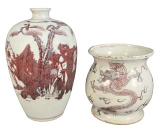 Two Chinese Underglazed Copper Pieces to include a wide-mouthed vessel with painted three-claw dragon, not marked, along with a Mei Ping vase having r