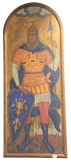 Large Painting of a Knight, having a shield with a castle in the background, oil on board, unsigned, 57 1/4" x 27".