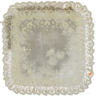 Antique Lace Embroidered Empress Handkerchief, 22" x 22", having a 1928 Lord & Taylor letter on back stating this belonged to Empress Eugenie, the "E"