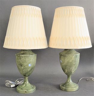Pair of Faux Marble Painted Metal Lamps, each of urn form, height 15 1/2 inches. Provenance: The Estate of Gloria Schiff, 630 Park Avenue, New York.