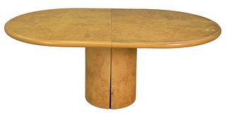 Carl Springer Oval Dining Table, burlwood on cylindrical pedestal base, length 72 inches, width 45 inches, one leaf 18 inches, open 45" x 90".