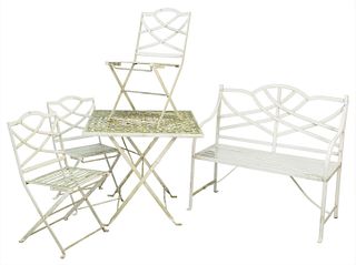 Five Piece Outdoor Set to include a table, three chairs, and bench, length 33 inches, width 33 inches.