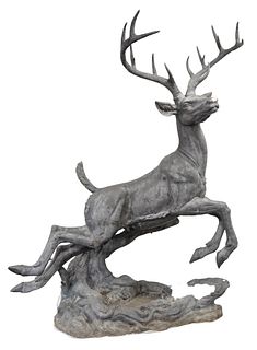 Large Bronze Deer Fountain in the form of a leaping stag or elk over stream fountain base, height 9' 1", length 7' 3", depth approximately 45".