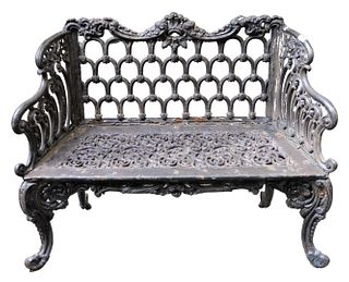 Victorian Iron Outdoor Garden Bench, height 35 inches, length 45 inches, depth 18 inches.