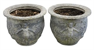 Pair of Large Resin Planters, having moulded figures and flowers, height 26 inches, diameter 22 1/2 inches.