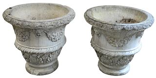 Pair of Concrete Urns or Outdoor Planters having mask and wreaths, signed Nina Studio P249, height 22 inches, diameter 24 inches.