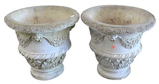 Pair of Concrete Urns having paces and swags, signed Nina Studio P249, height 22 inches, diameter 24 inches.