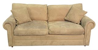 Suede Upholstered Sofa, height 34 inches, (slight fading, some wear to seat).