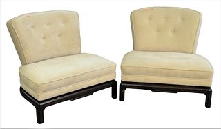 Pair of Upholstered Armless Chairs with Chinese style base, height 31 inches, width 31 inches, (very clean condition).