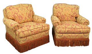 Pair Mason Art Upholstered Easy Chairs, height 34 inches, width 34 1/2 inches.