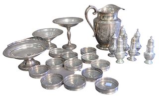 Sterling Silver Lot to include a pitcher, four salt shakers, three weighted compotes and coasters, 26.1 t.oz. (weighable).