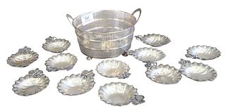 Group of Sterling Silver to include nut dishes and four silver salts, marked and hallmarked LAC; along with a basket, 31.6 t.oz.