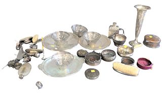Sterling Silver Lot, to include stone tray; four leafy white labels; Continental silver covered container; tea ball; baby rattles; two plates; covers;