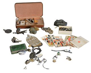 Group of Costume Jewelry and Miscellaneous Items, to include a small powder box, pins, playing cards, etc. Provenance: From a Newport, Rhode Island hi