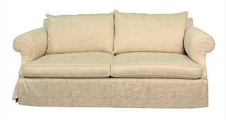 Pair of E.J. Victor Upholstered Sofas having custom upholstery, like new condition, height 35 inches, length 90 inches.