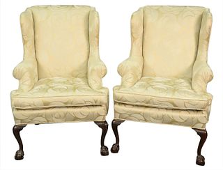 Pair of Custom Upholstered Wing Chairs, chippendale style with silk pattern upholstery